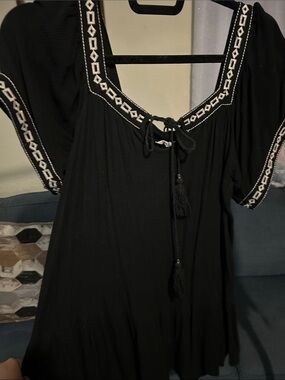 Black Embroidered Peasant Blouse - Women's Top